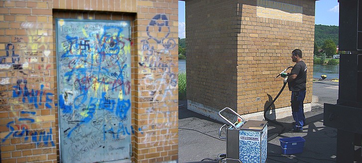 Foto Graffitientfernun g mit Trockeneisstrahlen